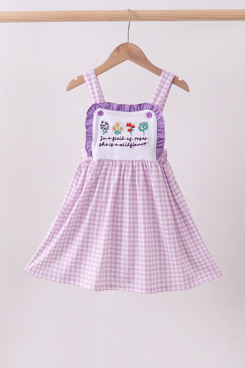 Purple Embroidery Gingham Ruffle Dress