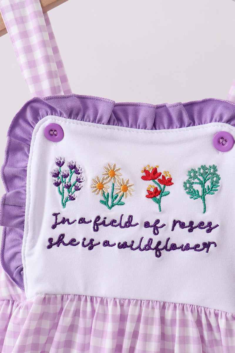 Purple Embroidery Gingham Ruffle Dress