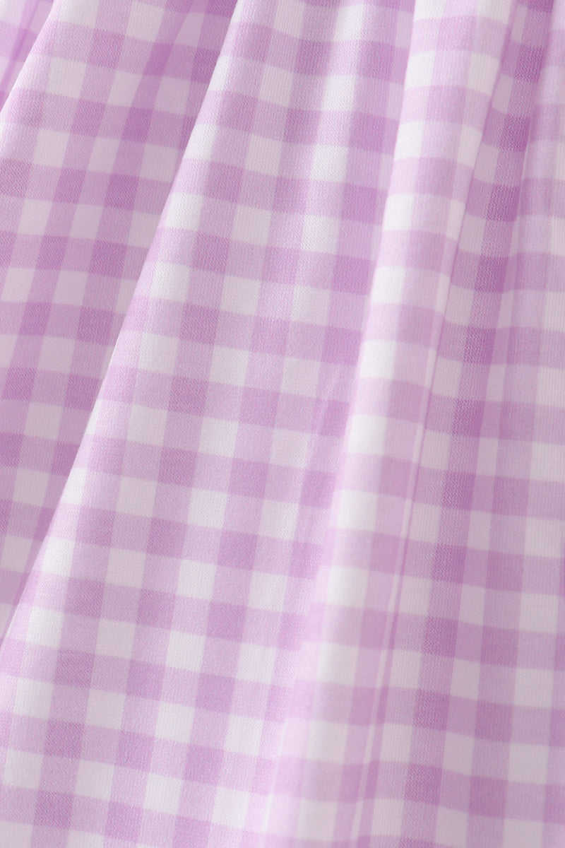 Purple Embroidery Gingham Ruffle Dress