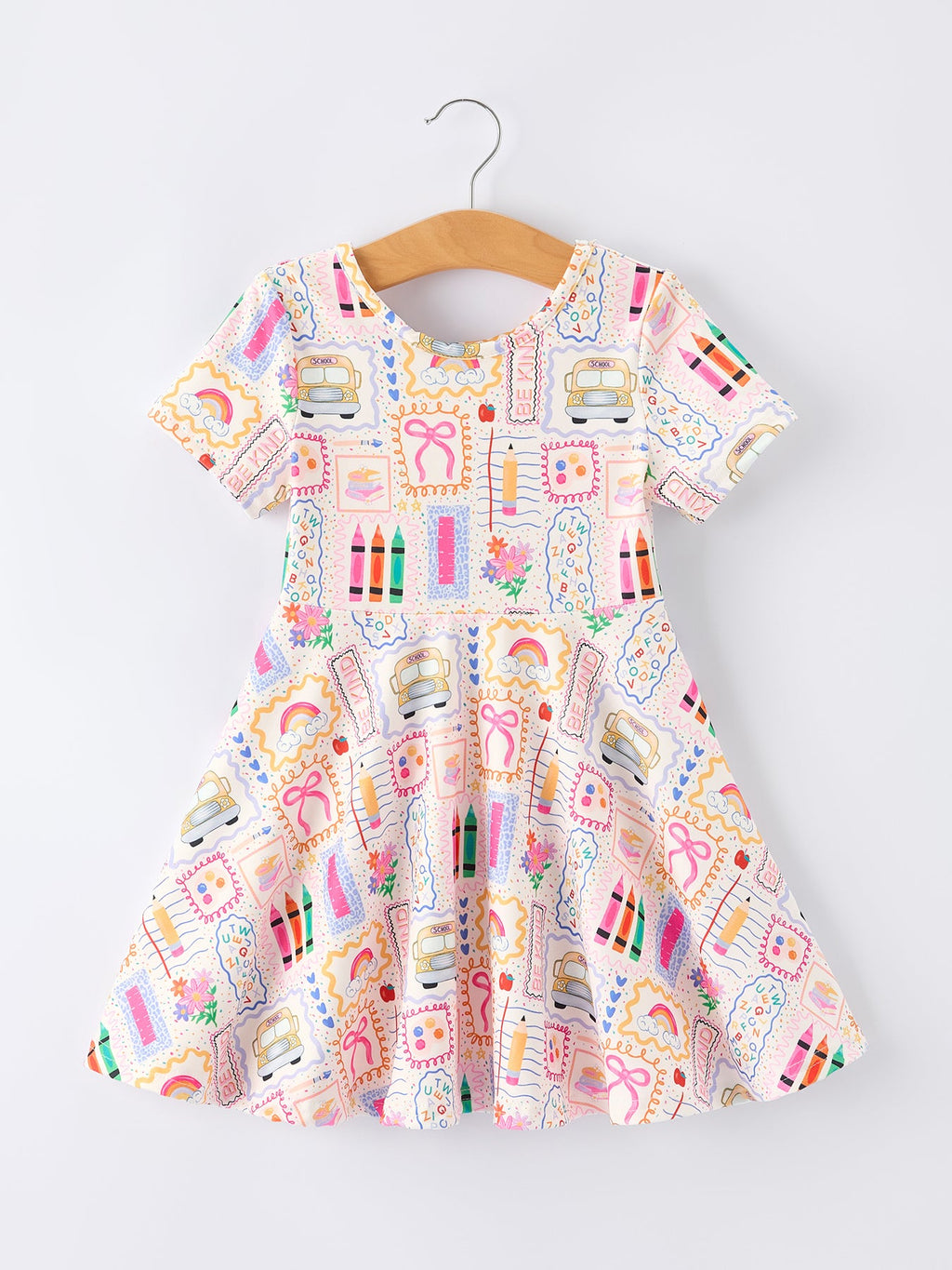 Back to School Rainbow Print Girls Dress Short Sleeve