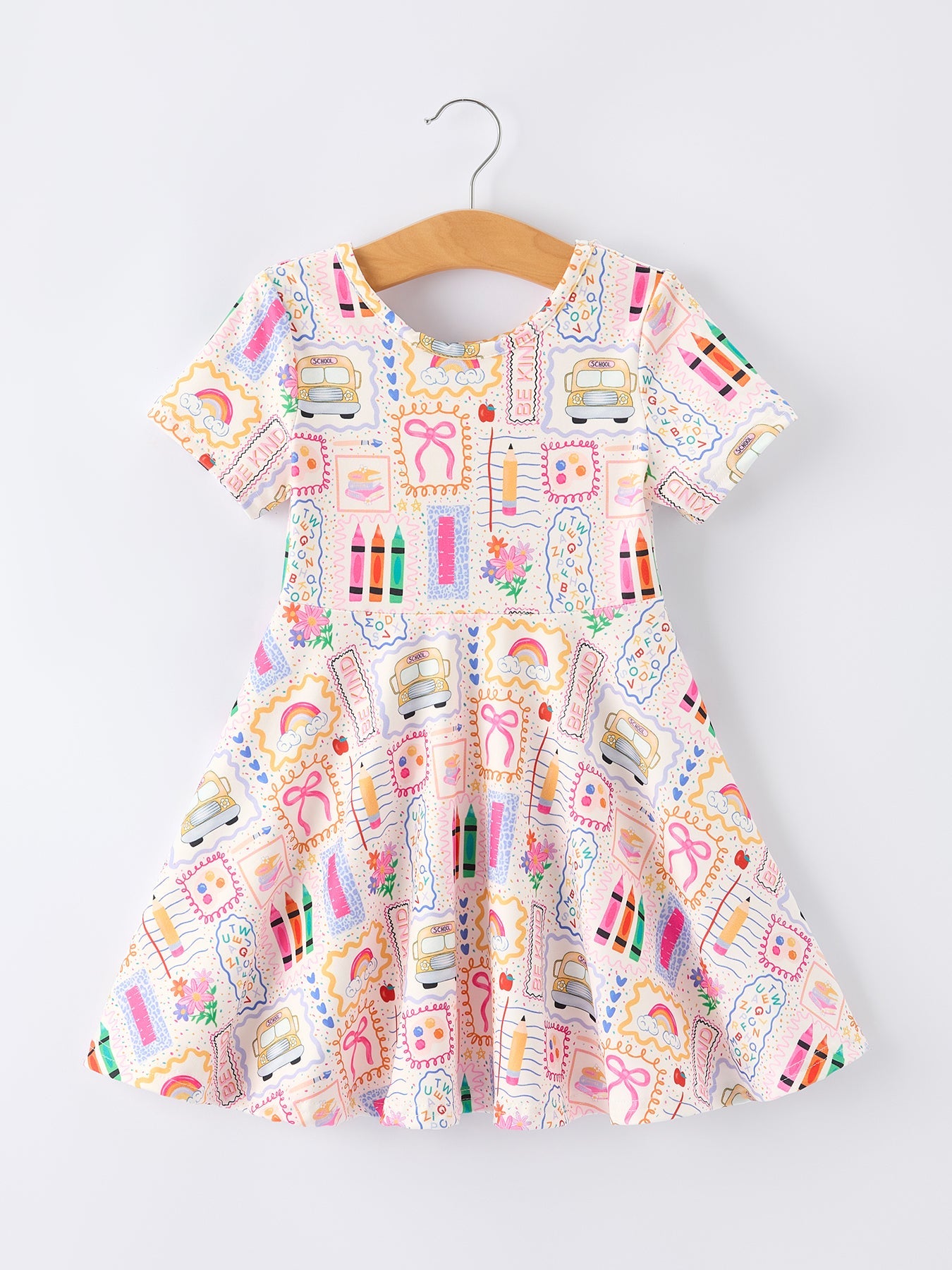 Back to School Rainbow Print Girls Dress Short Sleeve