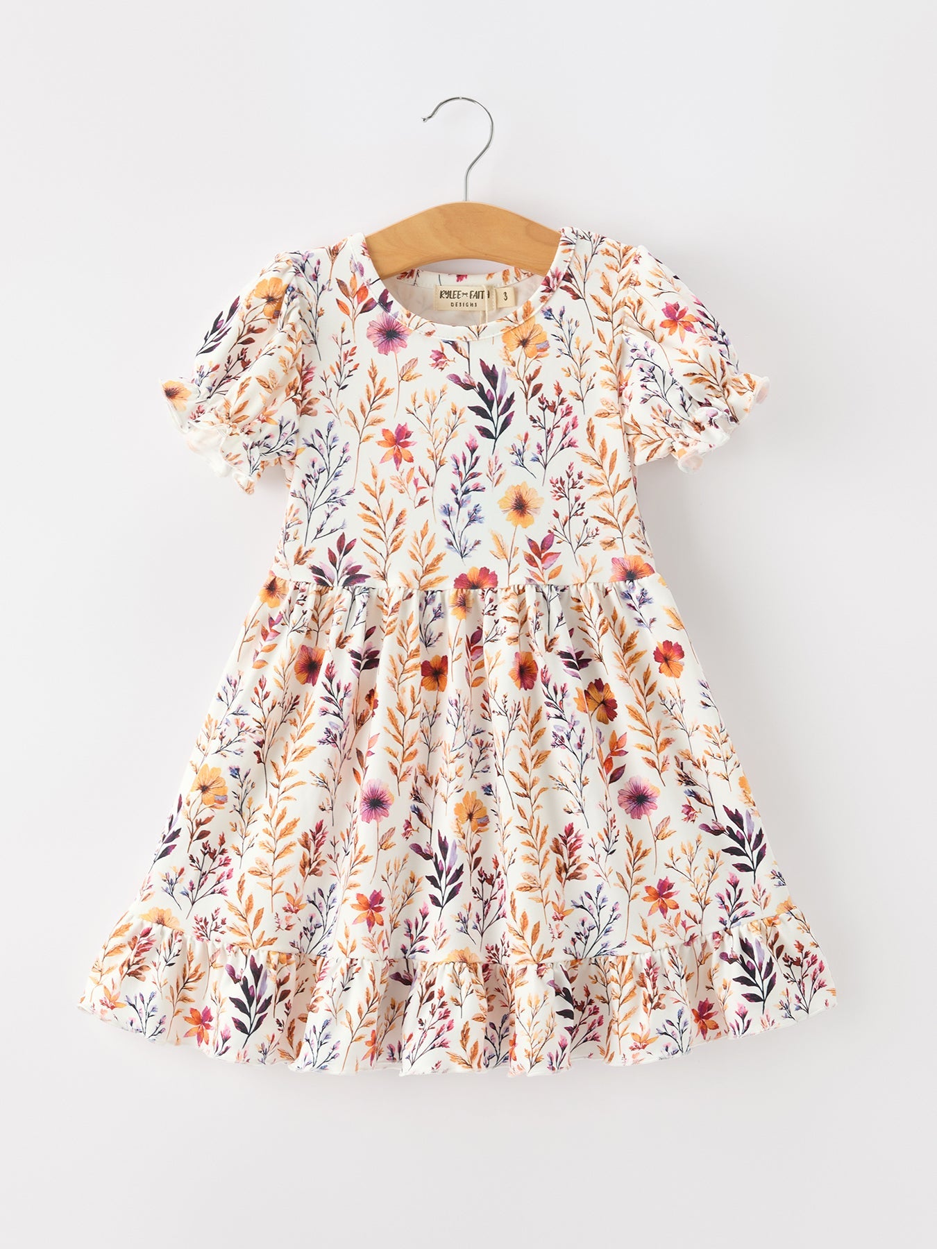 Floral Puff Sleeve Ruffle Girls Dress