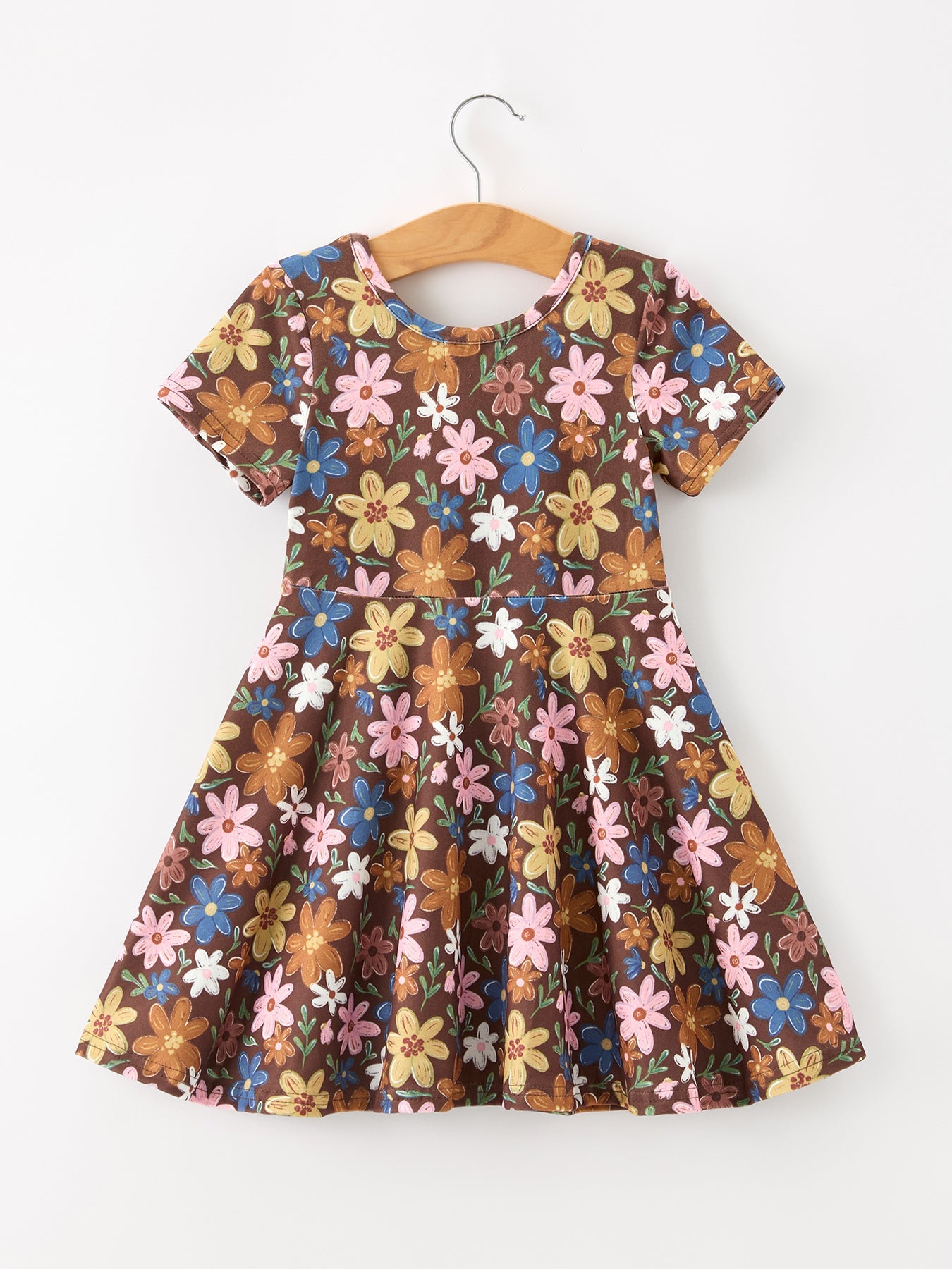 Brown Floral Twirl Girls Dress Short Sleeve