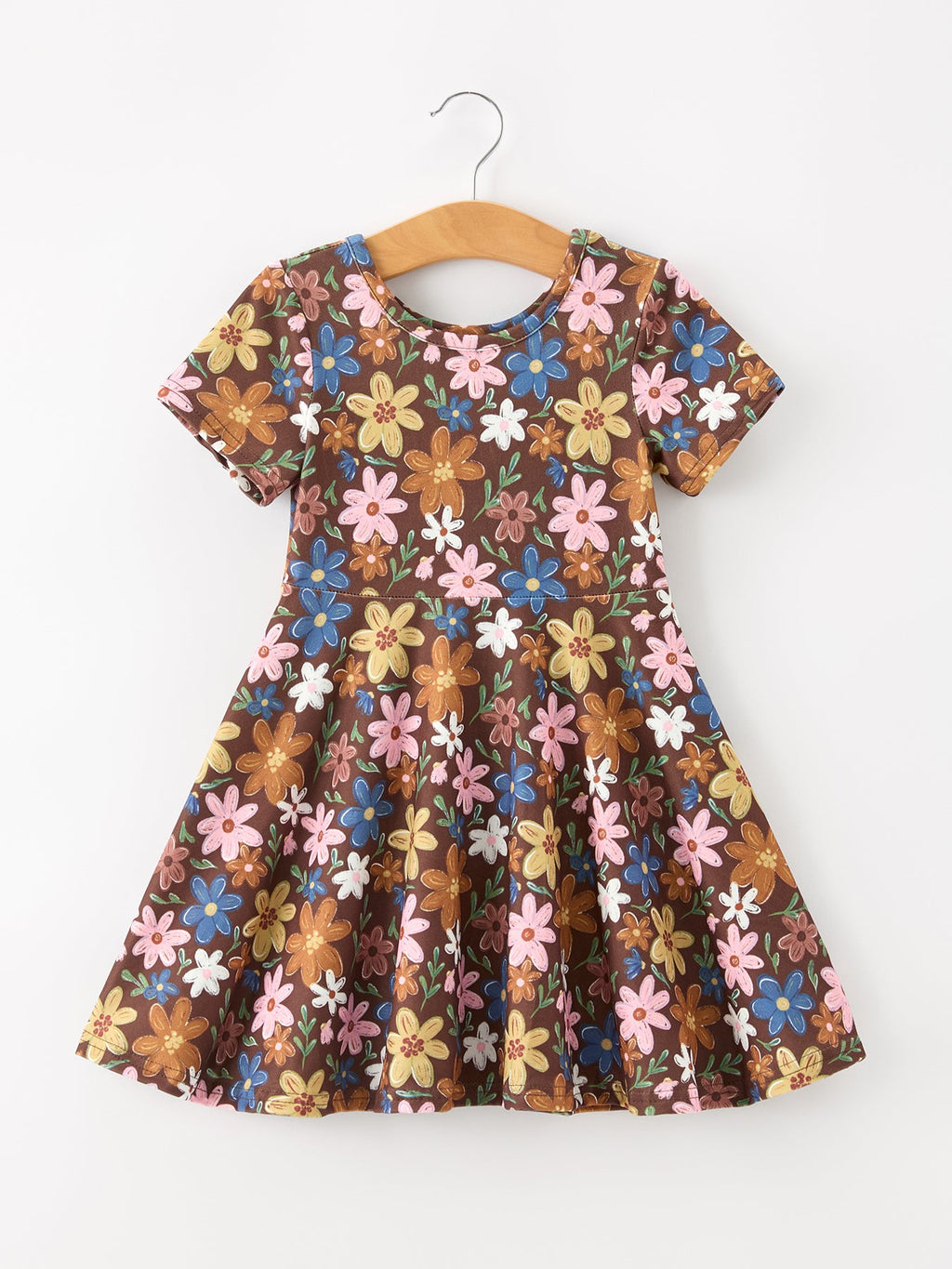 Brown Floral Twirl Girls Dress Short Sleeve