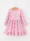 Cat Print Girls Ruffle Hem Twirl Dress