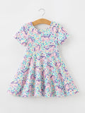 Unicorn Floral Print Girls Short Sleeve Twirl Dress