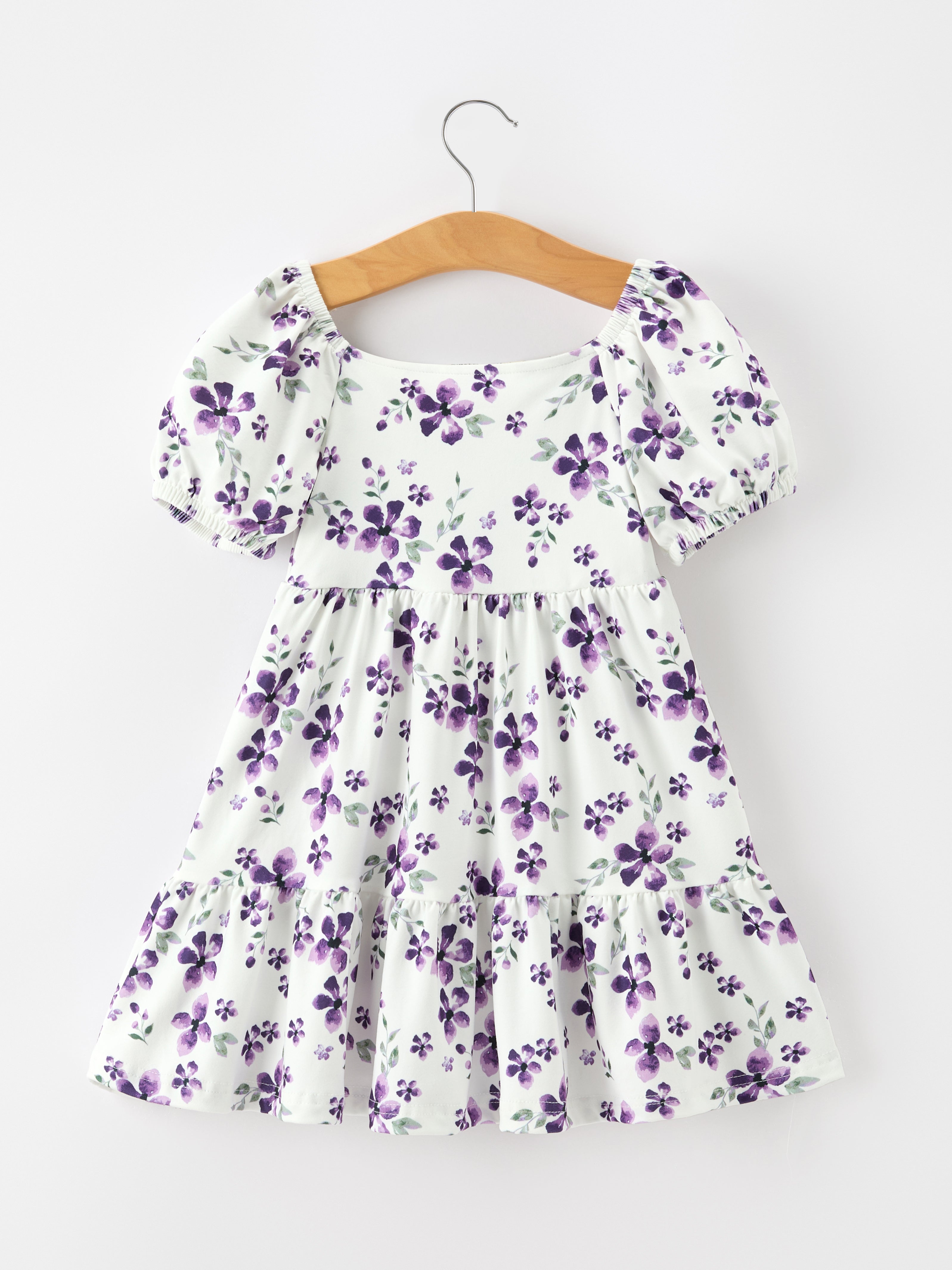 Lavender Floral Puff Sleeve Girls Dress