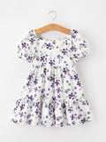 Lavender Floral Puff Sleeve Girls Dress
