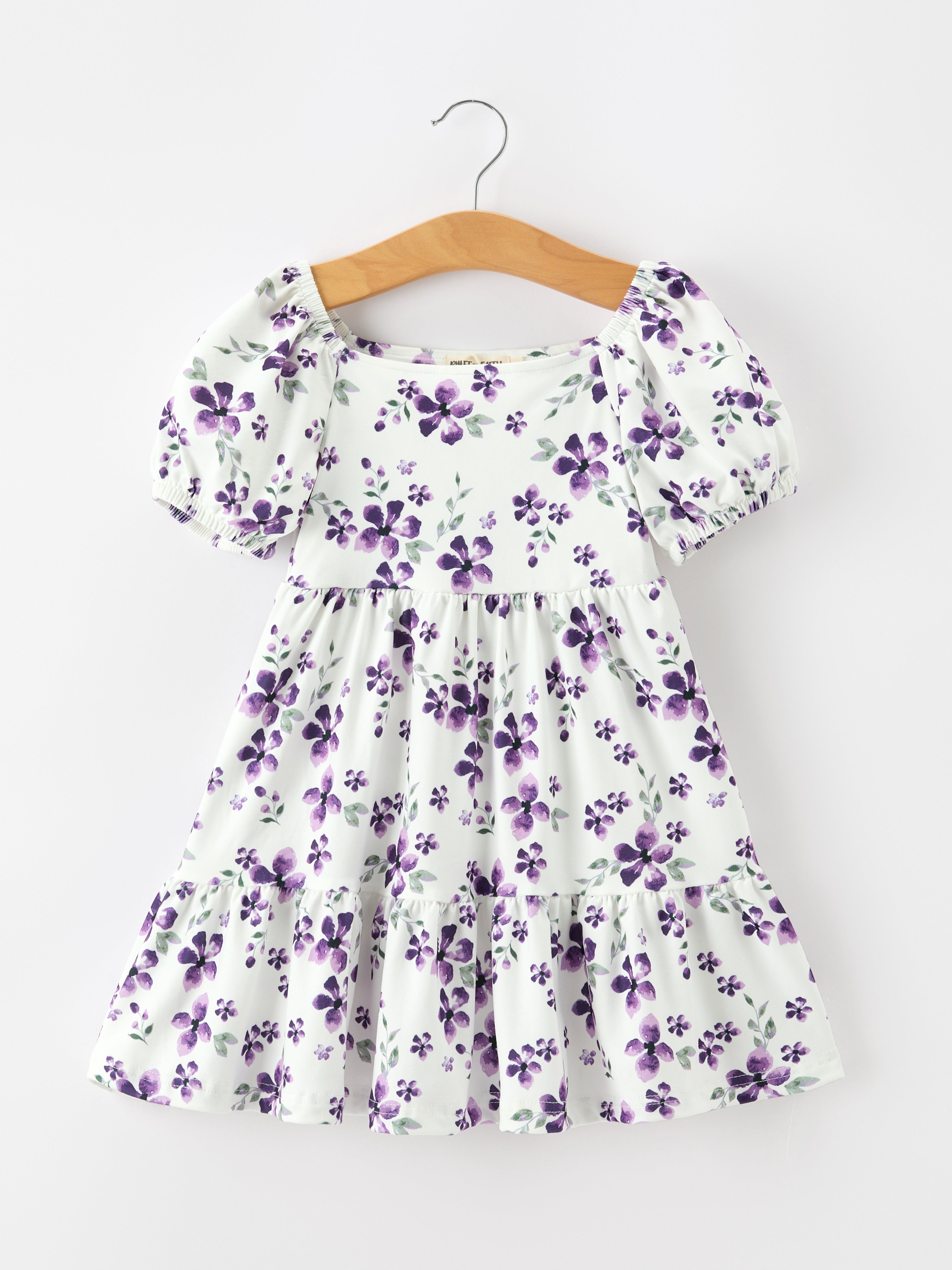 Lavender Floral Puff Sleeve Girls Dress