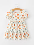 Fall Pumpkin Puff Sleeve Girls Dress