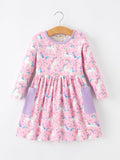 Pink Unicorn Girls Pocket Dress Rainbow Star Print