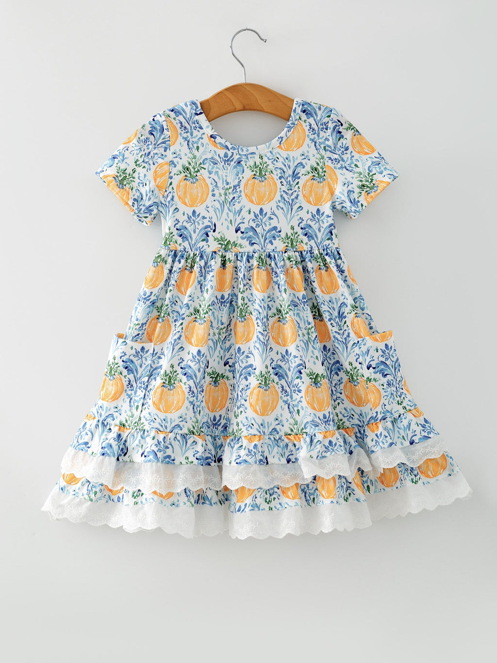 Fall Girls Pumpkin Patch Dress Lace Trim with Pockets