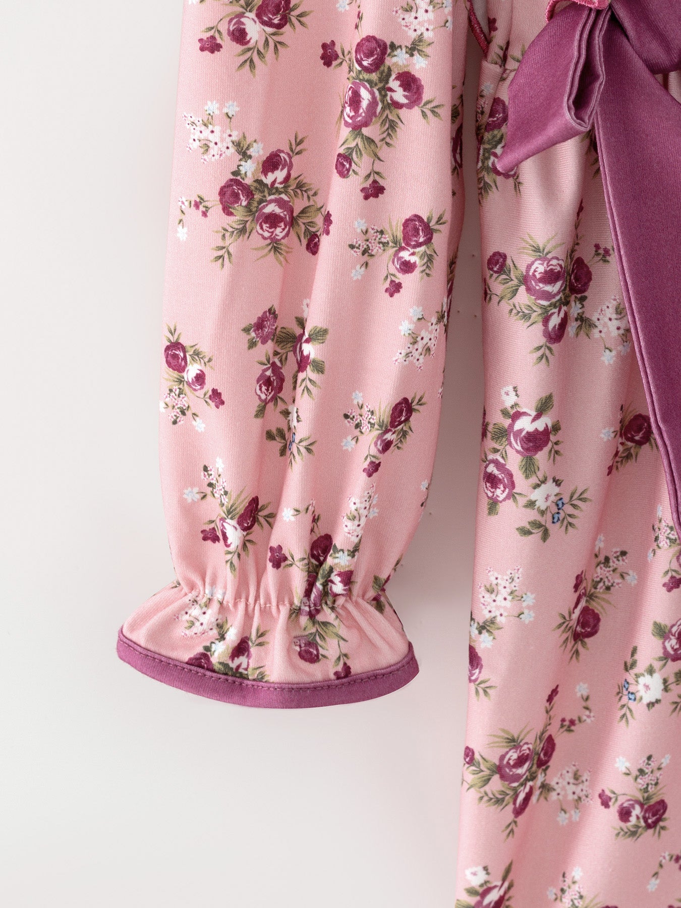 Fall Purple Rose Floral Girl Dress Bow Ruffle Long Sleeve Scalloped Hem