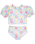 Coastal Stamps in Pastel Puff Sleeve Tankini- FINAL SALE
