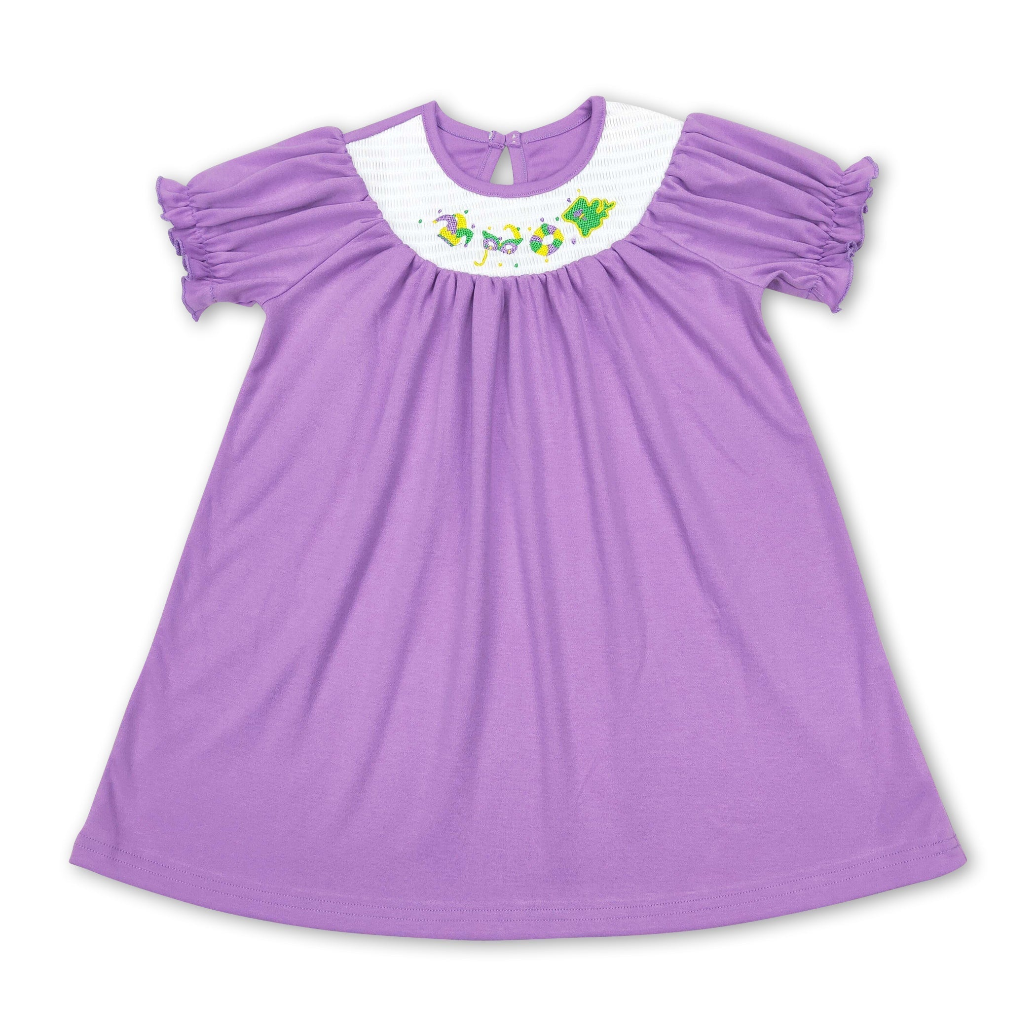 Purple plaid short sleeves smocked girls mardi gras dress