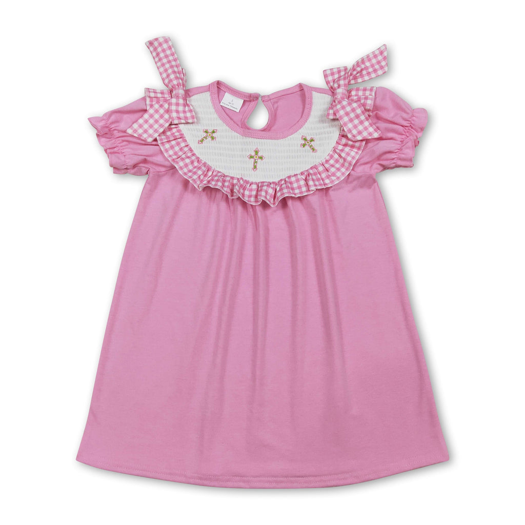 Pink Short Sleeve Cross Smocked Dress.