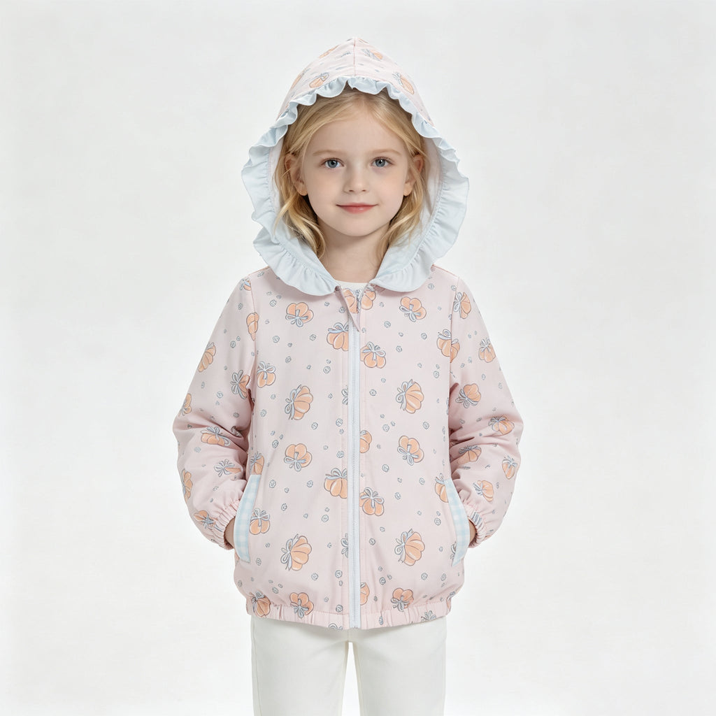 Long sleeves pumpkin bow ruffle girls fall hooded jacket