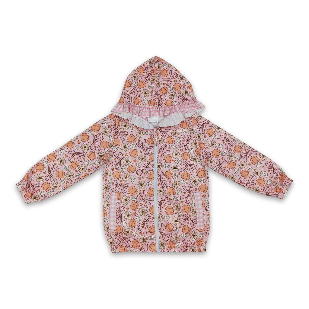 Floral pumpkin bow  ruffle girls fall hooded jacket