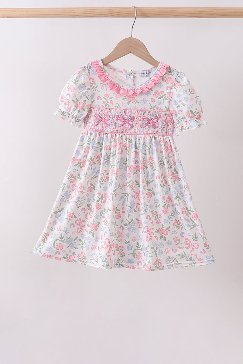 Pink Floral Smocked Ruffle Dress