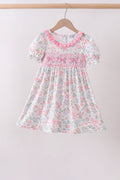 Pink Floral Smocked Ruffle Dress