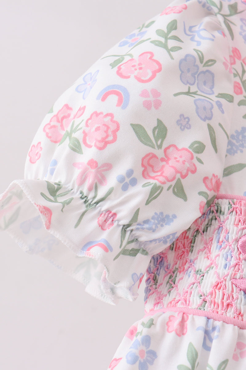 Pink Floral Smocked Ruffle Dress