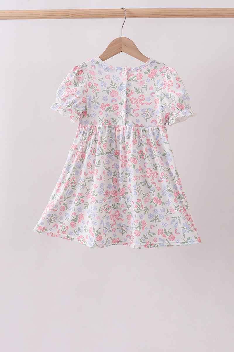 Pink Floral Smocked Ruffle Dress