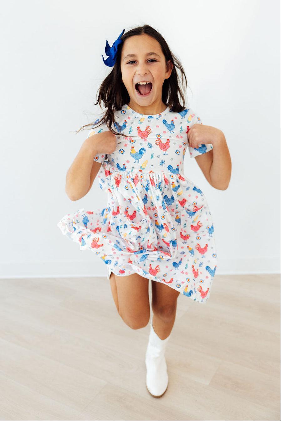 Rainbow Roosters  Pocket Twirl Dress